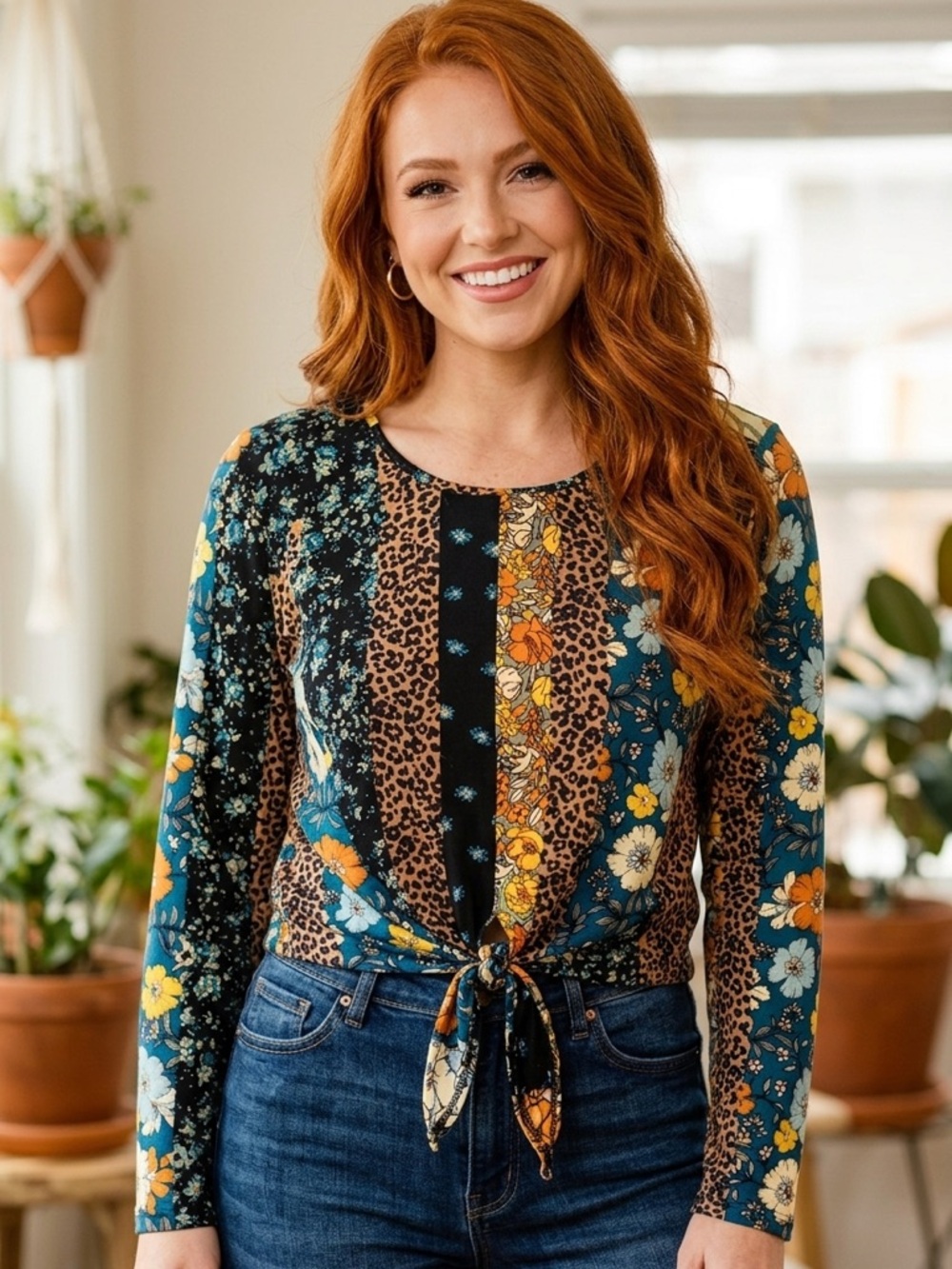 CUPIO Multicolor Floral and Leopard Print Top